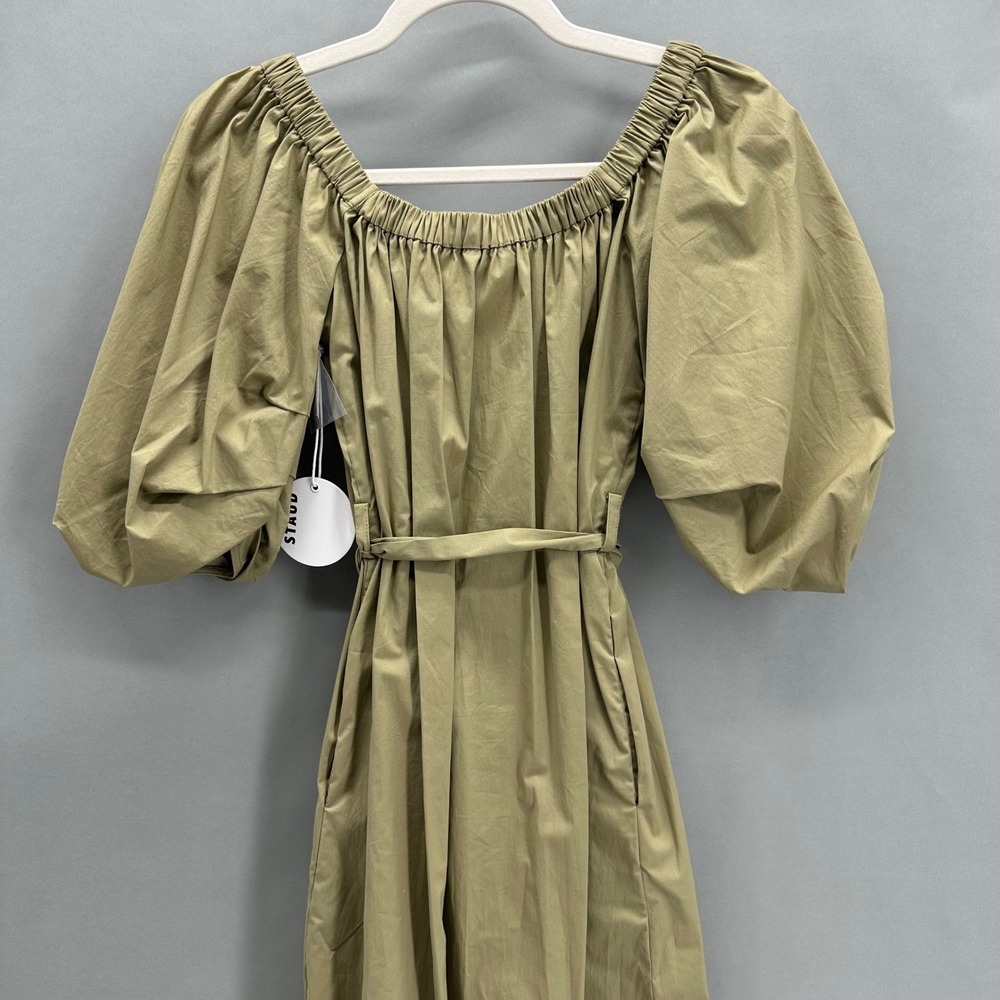STAUD Reese Dress Khaki Puff Sleeve Midi Cotton Size XS Capsule Minimalist NEW - Picture 6 of 12